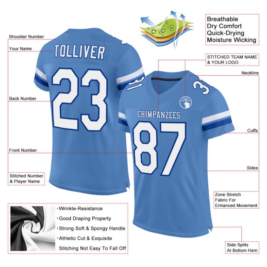 Football Blue Custom Mesh Light Jersey Authentic White-Royal