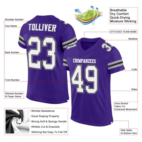 White-Gray Football Mesh Authentic Purple Custom Jersey