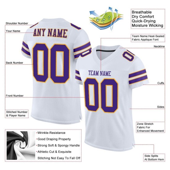 Custom Football Mesh Purple-Gold Jersey Authentic White