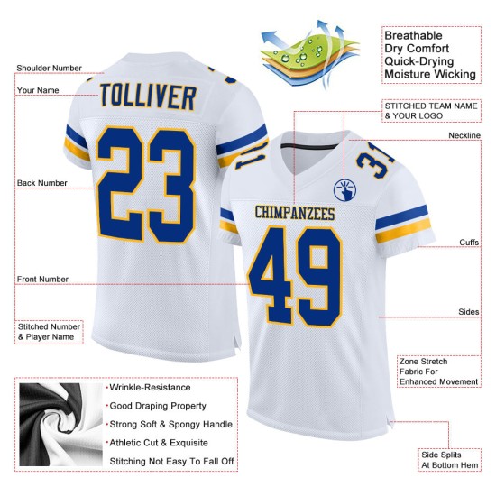 Football Authentic White Custom Mesh Jersey Royal-Gold