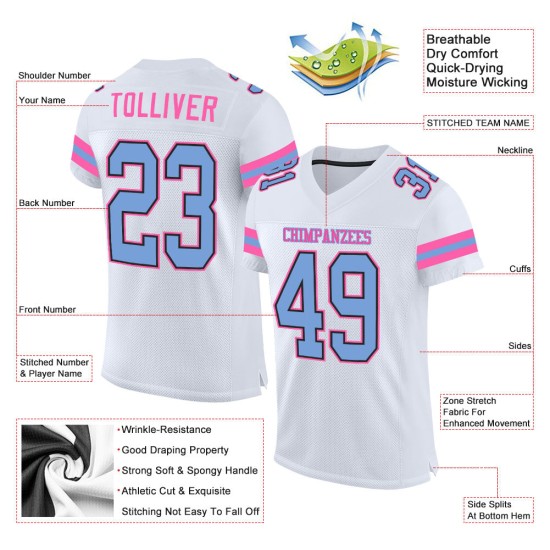 Light White Football Blue-Pink Custom Authentic Jersey Mesh